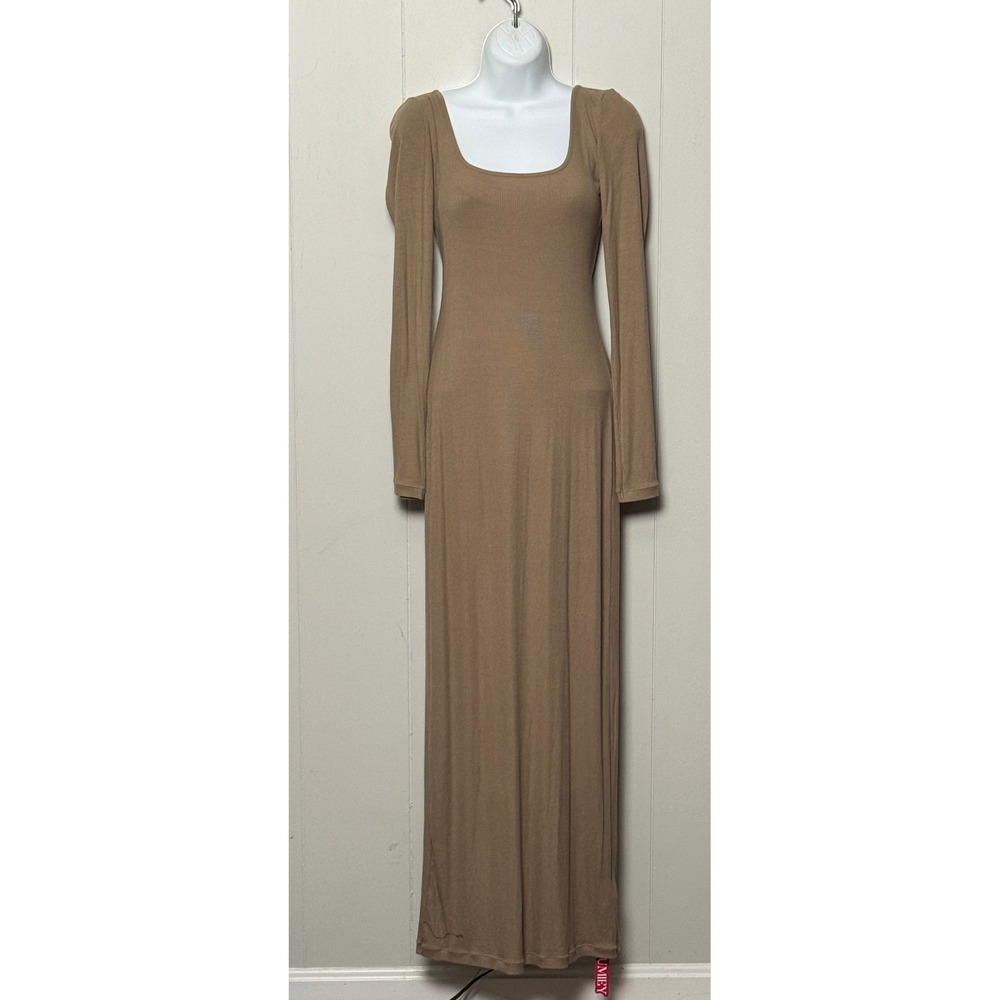 NWT Pumiey Women's Ribbed Square Neck Long Sleeve Bodycon Maxi Dress Tan Size M